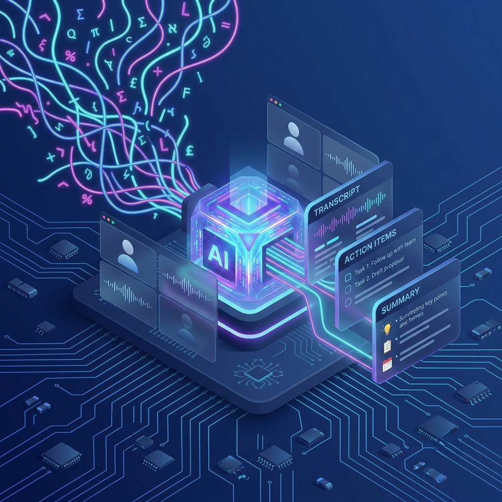 Isometric 3D concept of an AI meeting assistant transforming video conference data into UI cards for Transcript, Action Items, and Summary.