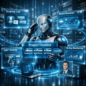 AI consultant robot presenting a holographic project timeline with stages Scoping Call, Build Reviews, UAT Testing, and 30‑Day Monitoring